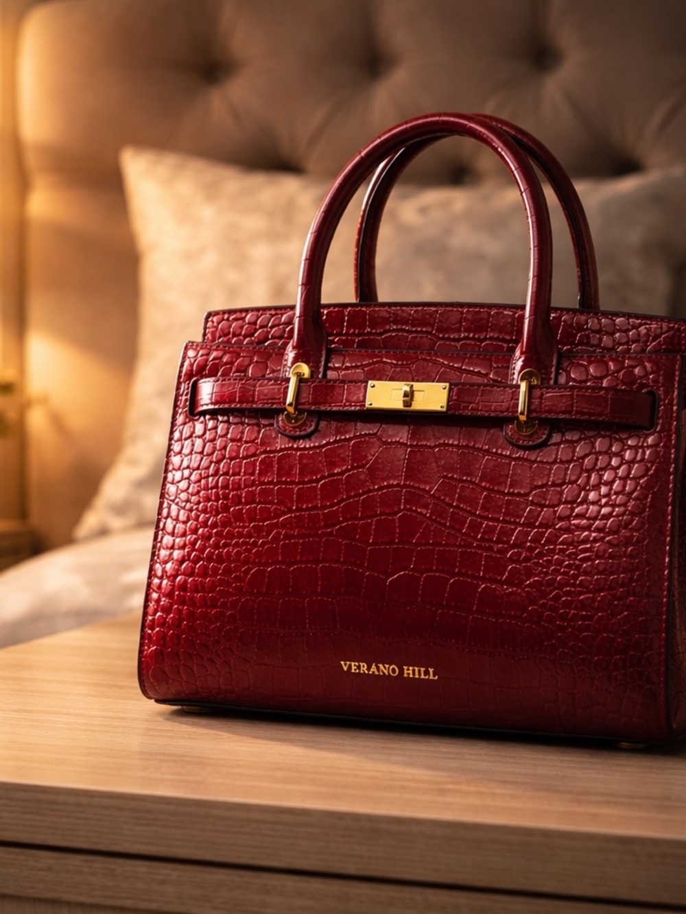 Verano Hill Bordeaux Croc-Embossed Satchel with Gold Accent